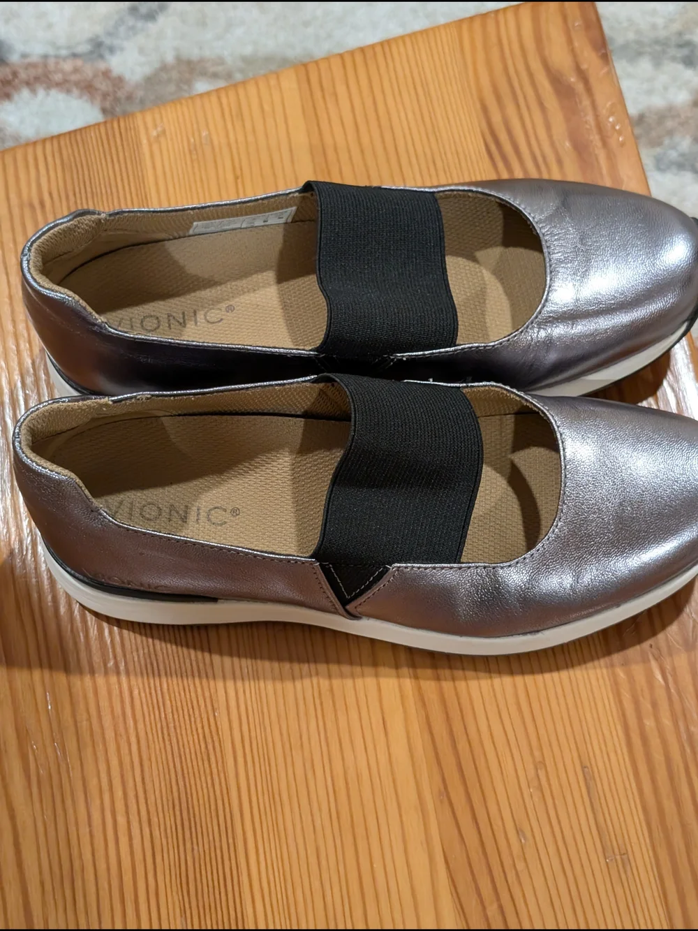 Vionic Metallic Pewter Slip-On Mary Jane Flats with Black Elastic Strap